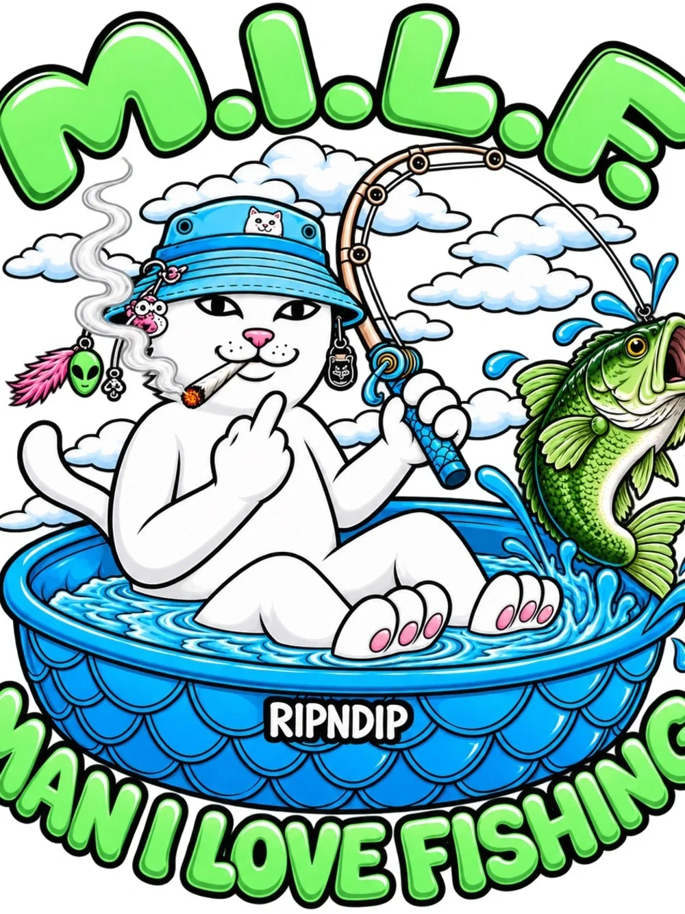 Custom (Any Size) (XS-5XXL) Ripndip White Cat Fishing Graphic in Blue & Green